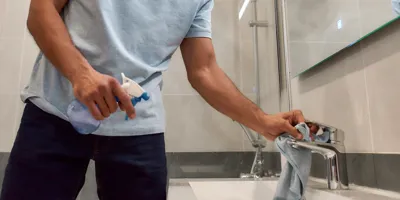 Un homme nettoie le lavabo d'une salle de bains moderne à l'aide d'un vaporisateur.